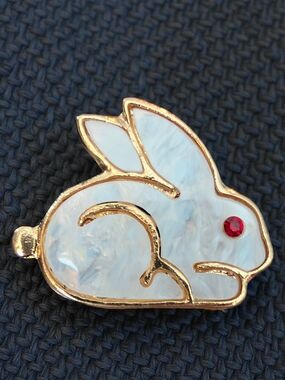 White Mother Of Pearl Rabbit Pin with Red & Gold Accents